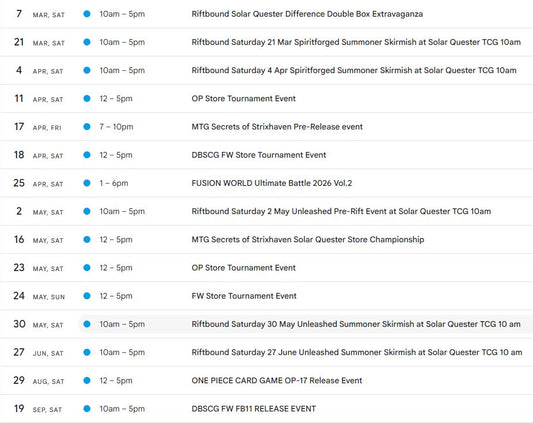 Solar Quester TCG Moorabbin is a premier gameplay and community Solar Quester TCG Moorabbin is a premier gameplay and community destination hub for gameplay of Grand Archive, Riftbound, MTG, One Piece, Dragon Ball Super Card Game Fusion World and PalWorld. Come and enjoy your gameplay with The Solar Quester Difference today. What sets us apart? Our focus on the social aspect of gaming and a commitment to fostering a vibrant social scene where TCGs are best enjoyed together. The Solar Quester Difference.