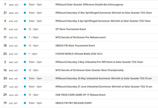 Solar Quester TCG Events Schedule - Contact Us on Facebook for All Events Details and All Stock Availability of Products. It's all about the gameplay. mechanics,endless,possibilities,competitive,casual_play,lineage,bonuses,system,specific,tactics,agility,cleave,empower,floating_memory,allies,weapons,domains,spells,opponents,synergy,offense,defense,metadata,cost,class,effect,organised_play,new,unique,mechanics,endless,possibilities,competitive,casual_play,battlefield,base,bonuses,system,specific,tactics,top